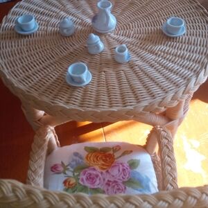 Source Unknown Wicker Doll Tea Set with Floral Cushion